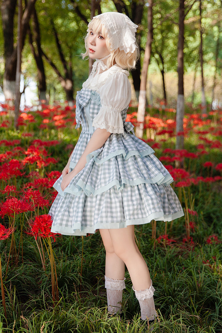 Blau [Cloth Cat] Süßes Lolita-Kleid mit dreilagigem Karomuster, Rüschen und Schleife, 2 Farben