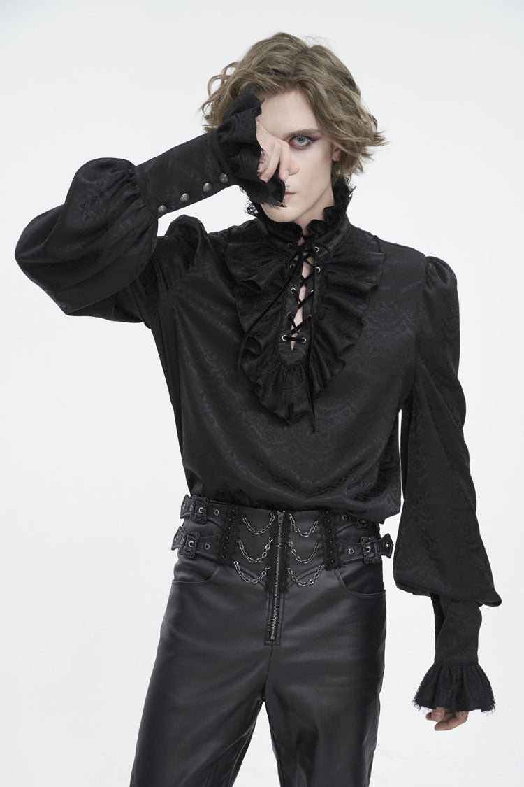 Black Stand Collar Long Sleeves Jacquard Ruffle Men's Gothic Blouse