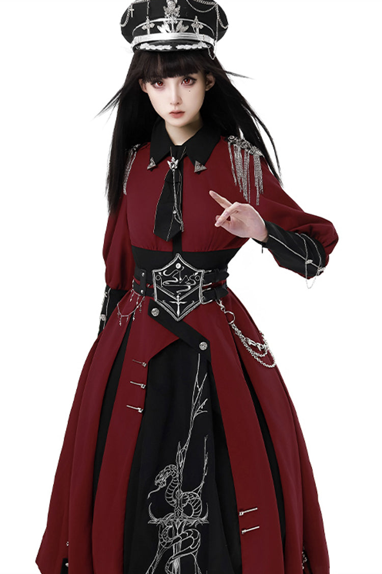 Rot/Schwarz [Scarlet Night Knight] Elegantes Lolita-Kleid mit Metallketten-Print und Schleife im Gothic-Militärstil