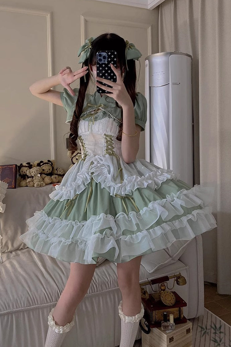 Grünes, mehrlagiges Hanayome-Spitzenkleid mit Rüschen und Schnürung in Übergröße, süßes Lolita-JSK-Kleid (kurze Version)