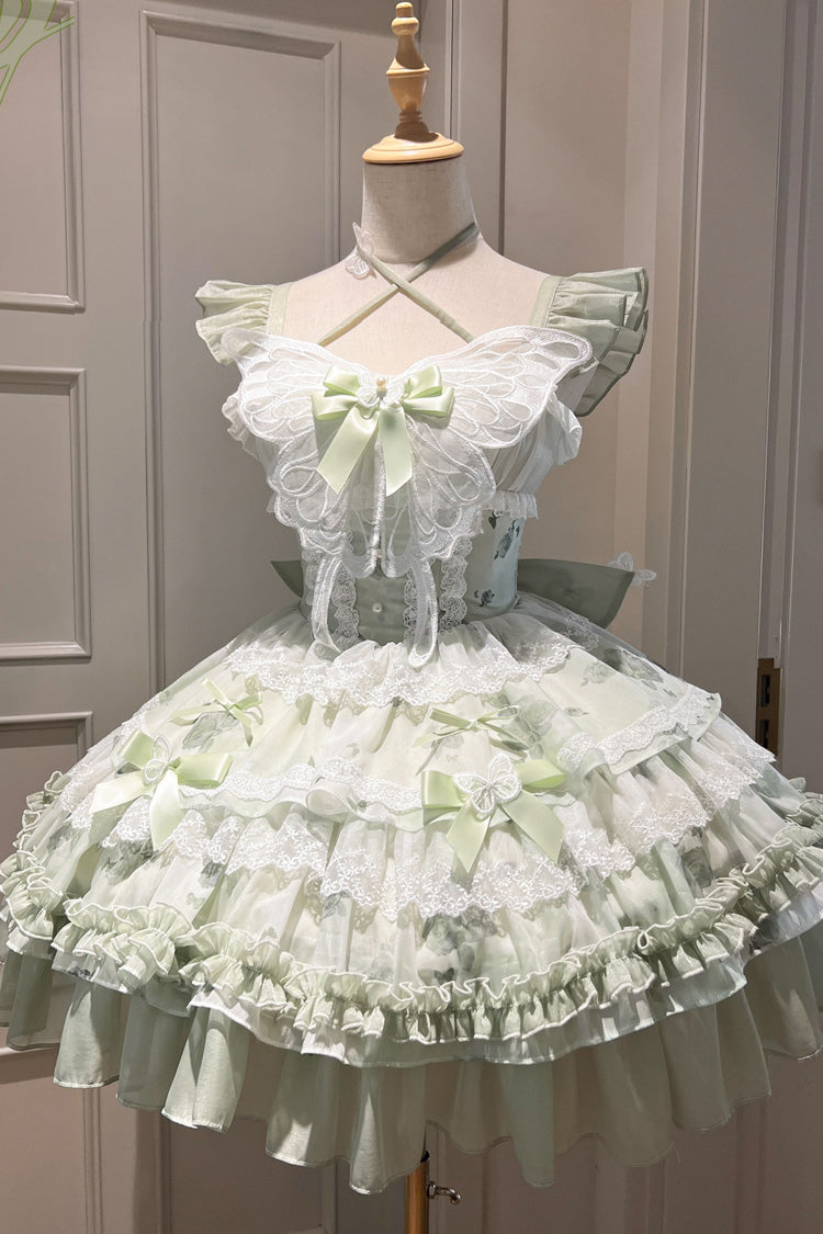 Green [Promise of the Blooming Season] Print Ruffle Bowknot Lace Sweet Princess Lolita Jsk Dress