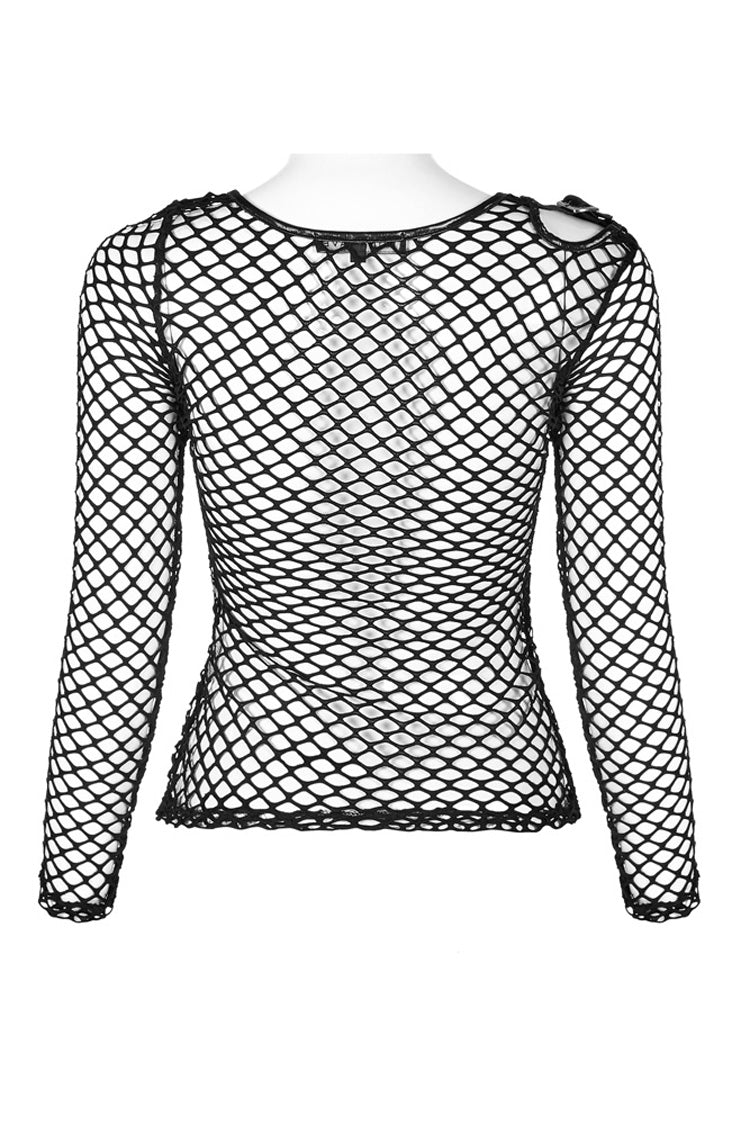 Black Long Sleeve Round Collar Shoulder Hollow Out Leather Hasp Coarse Mesh Women's Punk T-Shirt