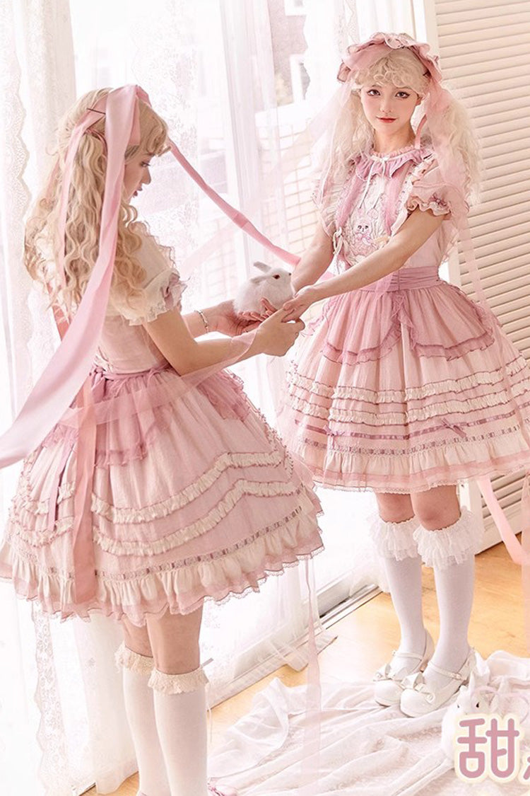 Pink Rabbit Print Sweet Dream Girl Short Sleeves Ruffle Bowknot Stitching Lace Lolita Dress