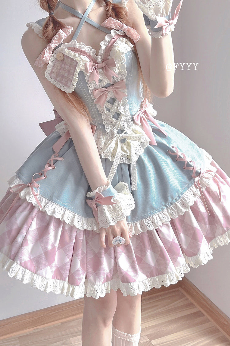 Blue/Pink [Sweetheart Cowboy] Plaid Print Ruffle Bowknot Sweet Lolita Skirt Set