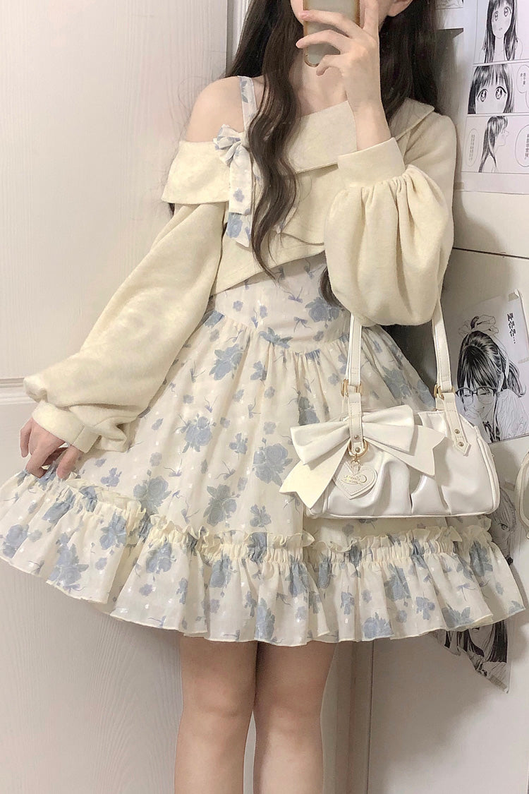 Blue Oblique Shoulder Print Ruffle Bowknot Lace Sweet Lolita Jsk Dress Set