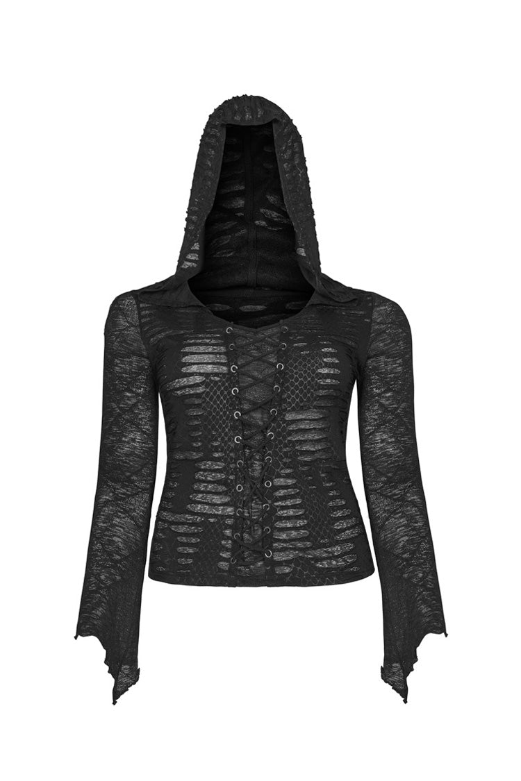 Black Front Chest Lace-Up Flare Sleeve Splice Mesh Plus Size Broken Holes Knit Hooded Women's Punk T-Shirt