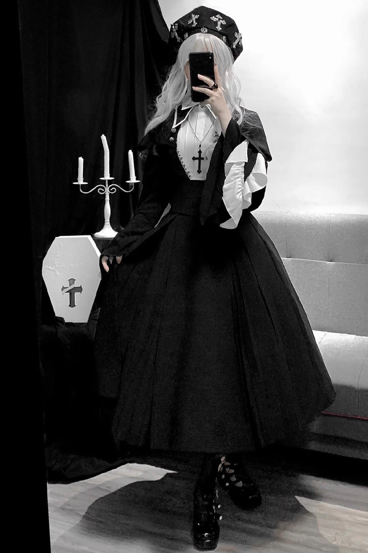 Black Cross Salute Nun Long Sleeves Ruffle Plus Size Gothic Lolita Strap Dress Set