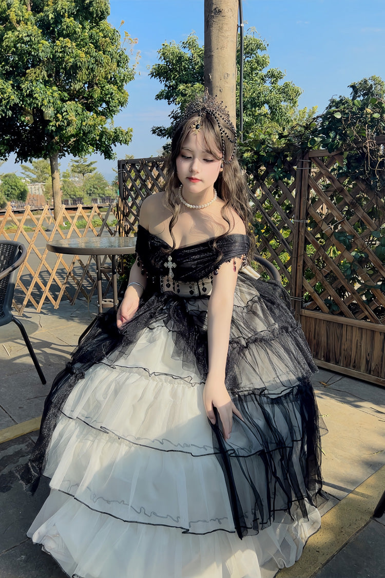 Black/White Ruffle Hanayome Lace Lace-Up Gothic Plus Size Lolita Jsk Dress (Long Version)
