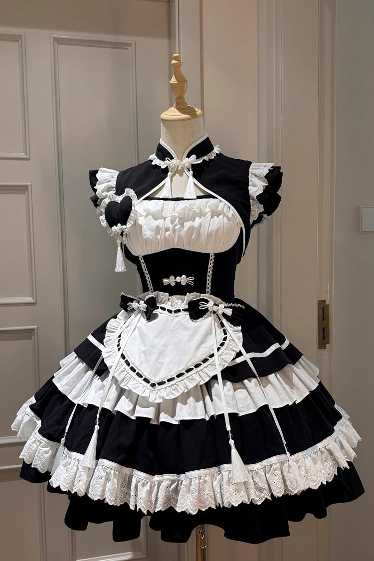 Black/White Multi-Layered Ruffle Sweet Chinese Style Maid Cheongsam Lolita Dress