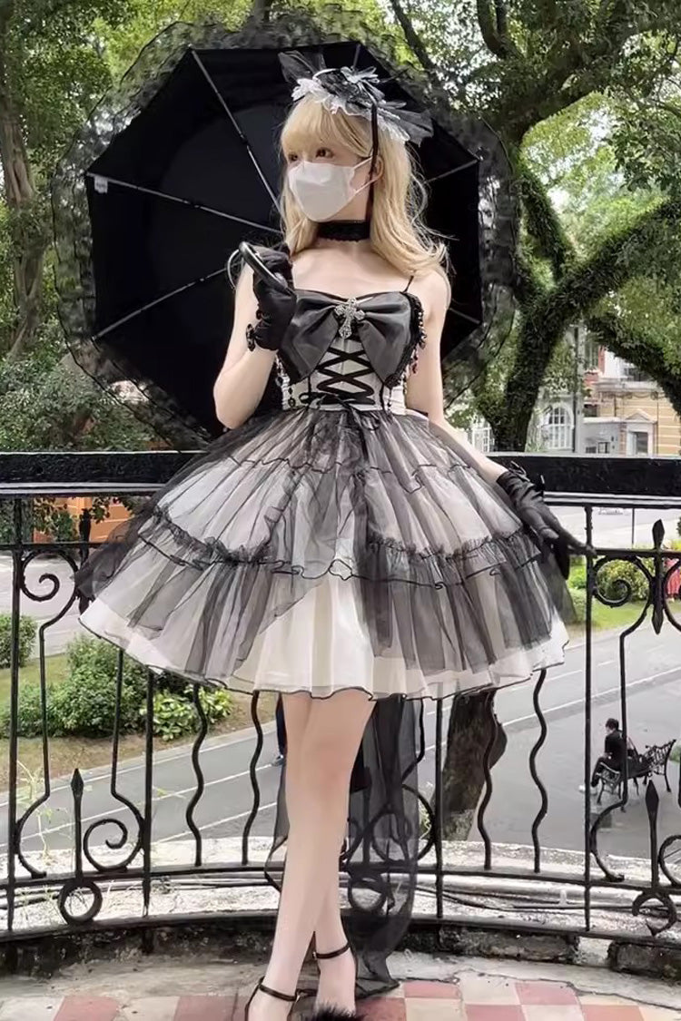Black/White Ruffle Hanayome Lace Lace-Up Gothic Plus Size Lolita Jsk Dress (Short Version)