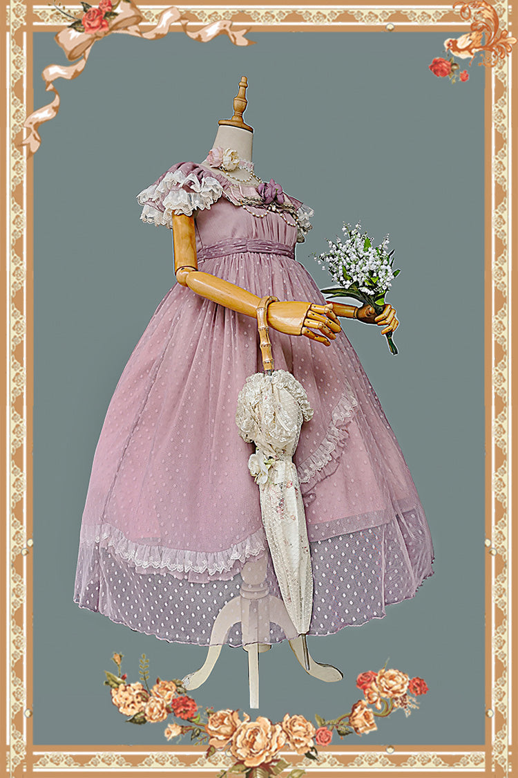 Pink [Moon goddess *Mediana*] Polka Dot Print Ruffle Bowknot Asymmetric Sweet Elegant Lolita Dress