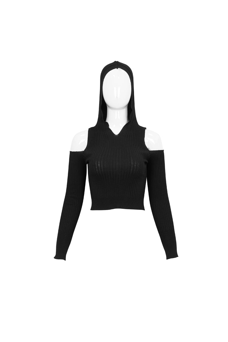 Black Hooded Off-The-Shoulder Back Cutout Rope String Upside Down Pentagram Wool Knit Long Sleeve Women's Punk Sweater