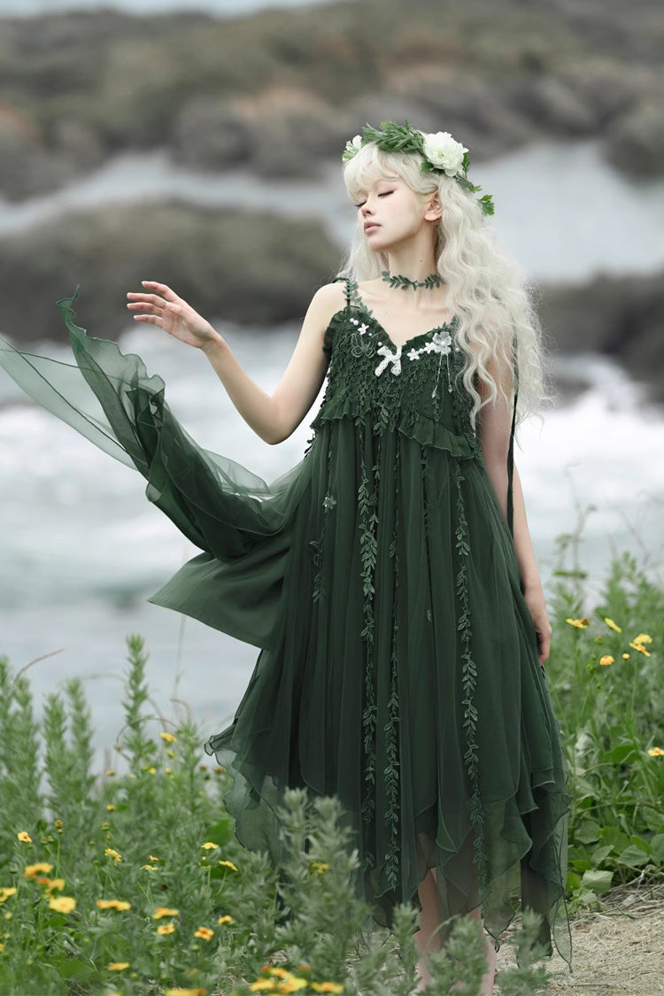 Green Forestry Asymmetric Hem Sweet Chinese Style Lolita Jsk Dress