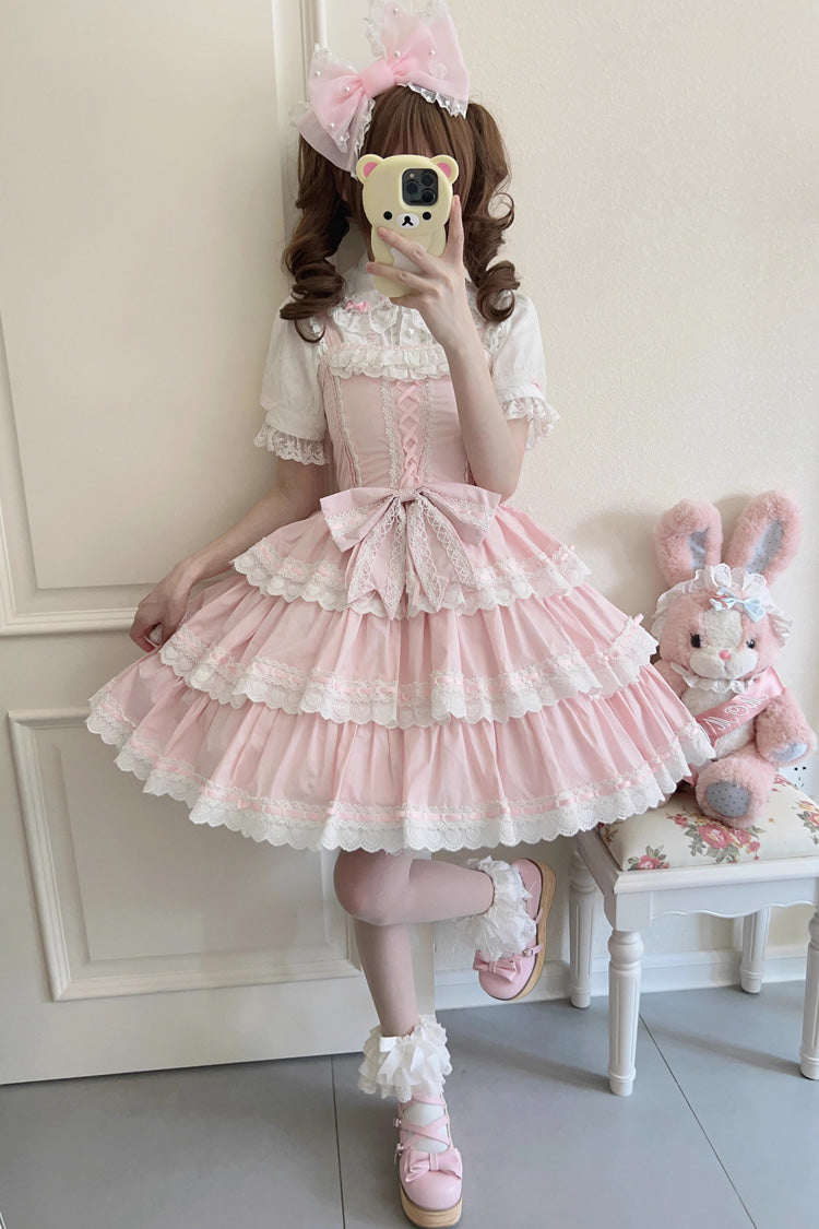 Pink [Maiden Heart] Triple-Layered Ruffle Bowknot Lace Sweet Lolita Jsk Dress