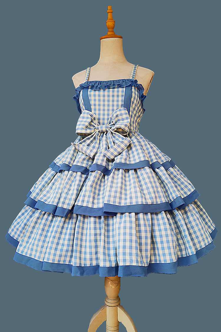 Blau [Cloth Cat] Süßes Lolita-Kleid mit dreilagigem Karomuster, Rüschen und Schleife, 2 Farben