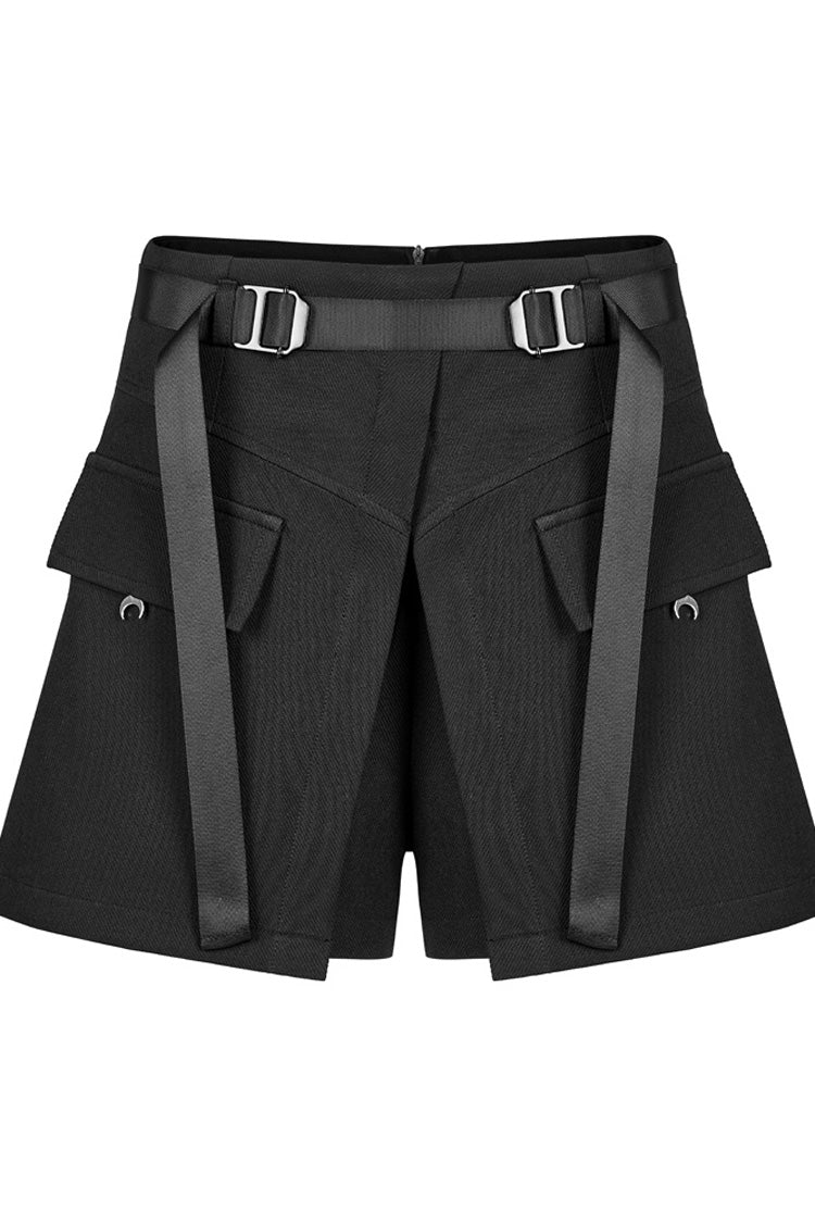 Schwarze lässige Kreuzlaminierung, hohe Taille, Design mit Metallhalbmond, Zubehör, Dekoration, gefälschte Punk-Zweiteiler-Shorts für Damen