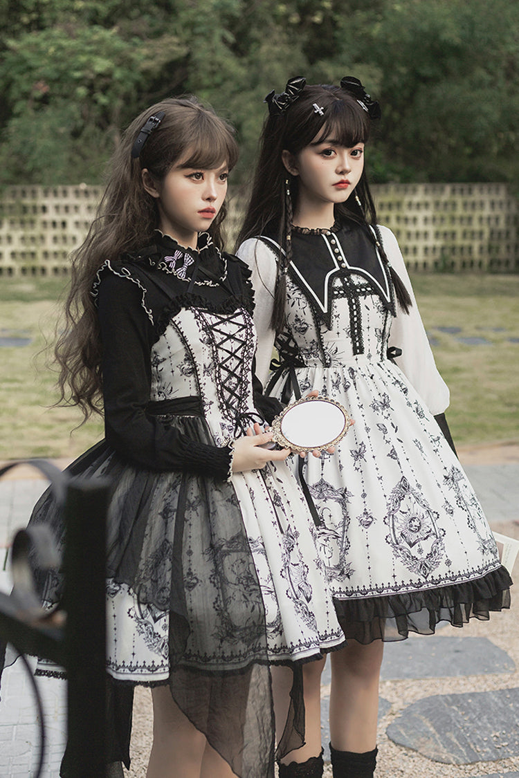 Black/White Long Sleeves Lace Ruffle Butterfly Magic Print Gothic Lolita OP Dress