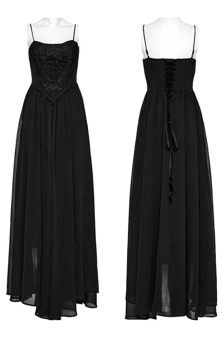 Black Floral Embroidery Lace-Up Women's Gothic Slip Dress