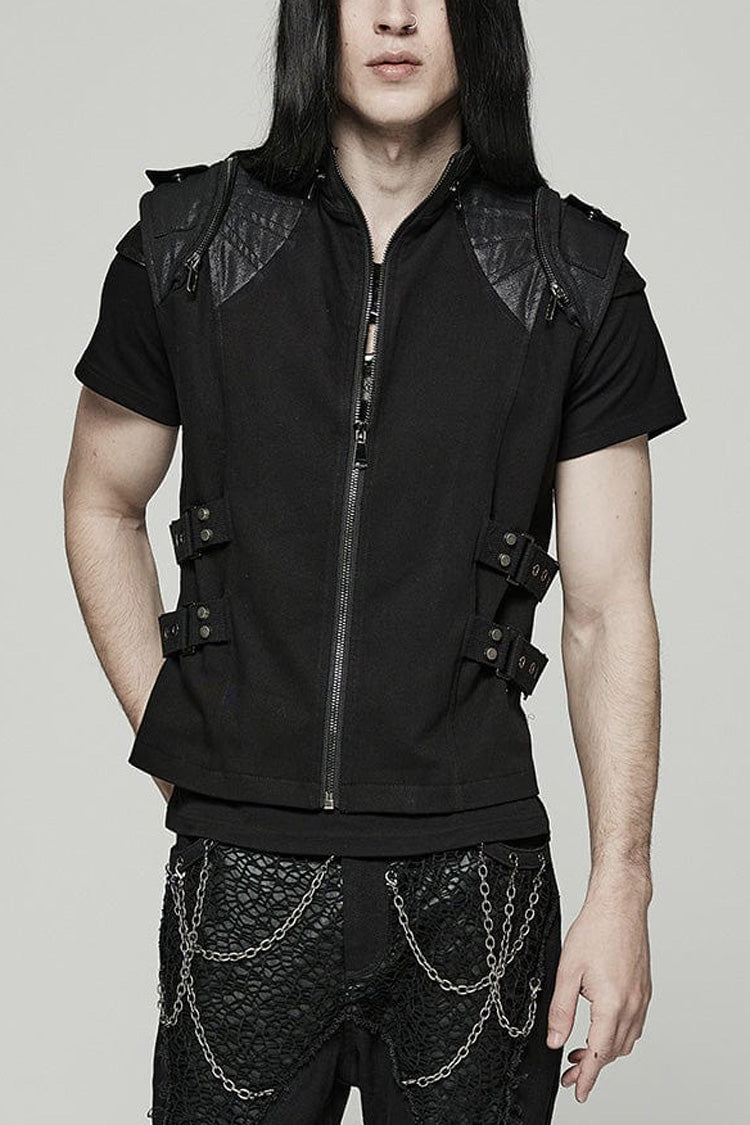 Black Stand Collar Side Waist Webbing Decorative Stitching Mens Steampunk Vest