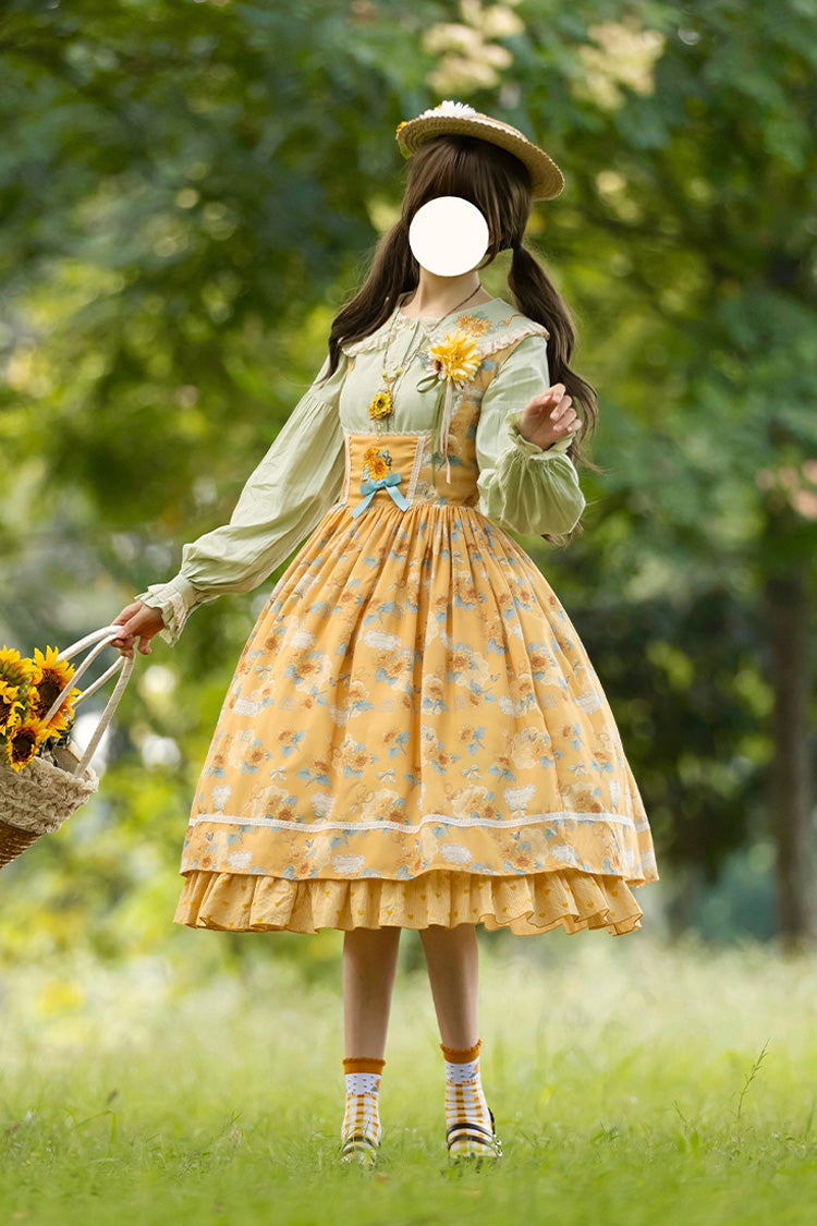 Yellow [Gardening Sunflower] Sleeveless Print Ruffle Bowknot Sweet Elegant Uplift Lolita Jsk Dress