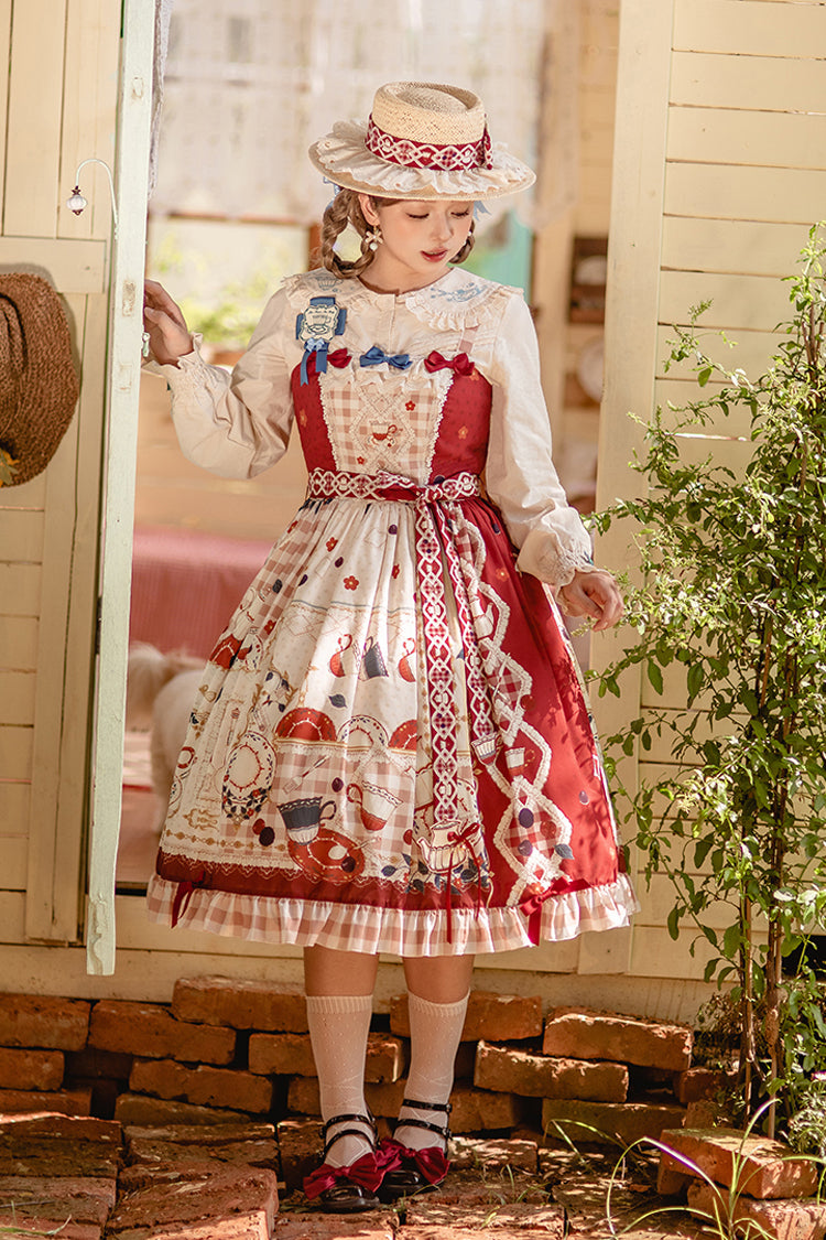 Red [Tea Party] Print Ruffle Bowknot Lace Sweet Elegant Lolita Jsk Dress