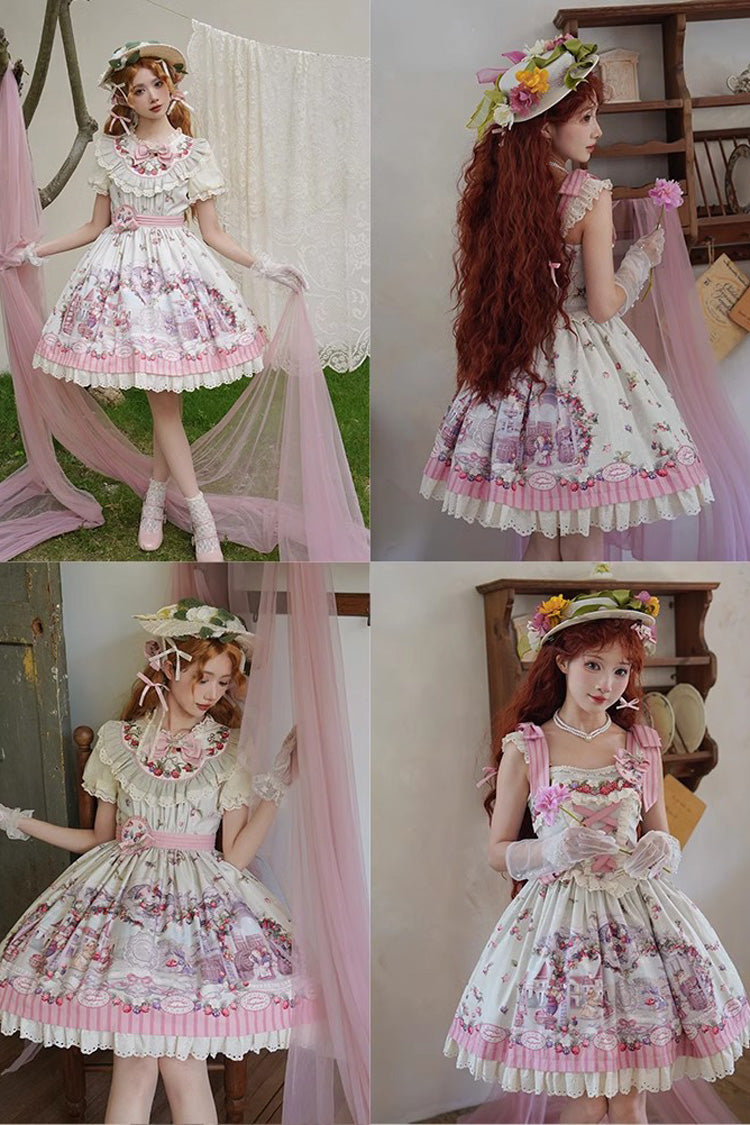 Süßes Lolita-Prinzessinnenkleid im Vintage-Stil mit mehrfarbigem Himbeer-Wein-Brau-Aufdruck (OP &amp; JSK)