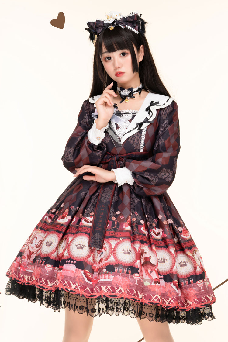 Black [Afternoon Fantasia] Long Sleeves Print Ruffle Bowknot Sweet Lolita Jsk Dress