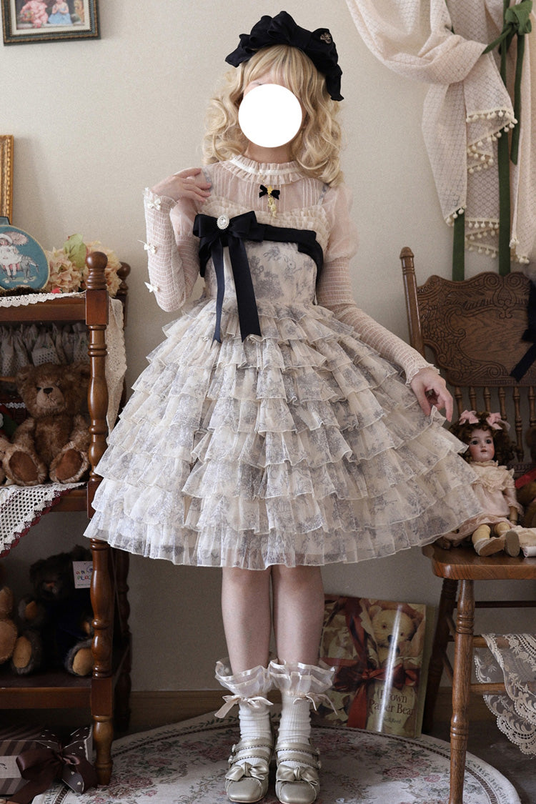 Multi-Color [Wonderland Travels] Multi-Layered Print Ruffle Bowknot Sweet Lolita Tiered Dress