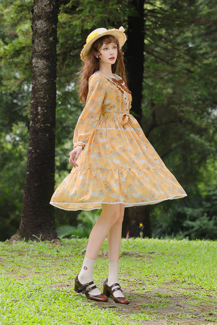 Yellow [Gardening Sunflower] Long Sleeves Print Ruffle Bowknot Sweet Elegant Lolita Dress