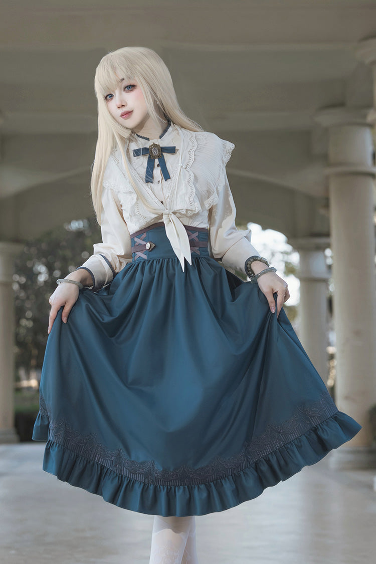 Blue Ruffle Embroidery Lace-Up Sweet College Style Elegant Lolita Skirt