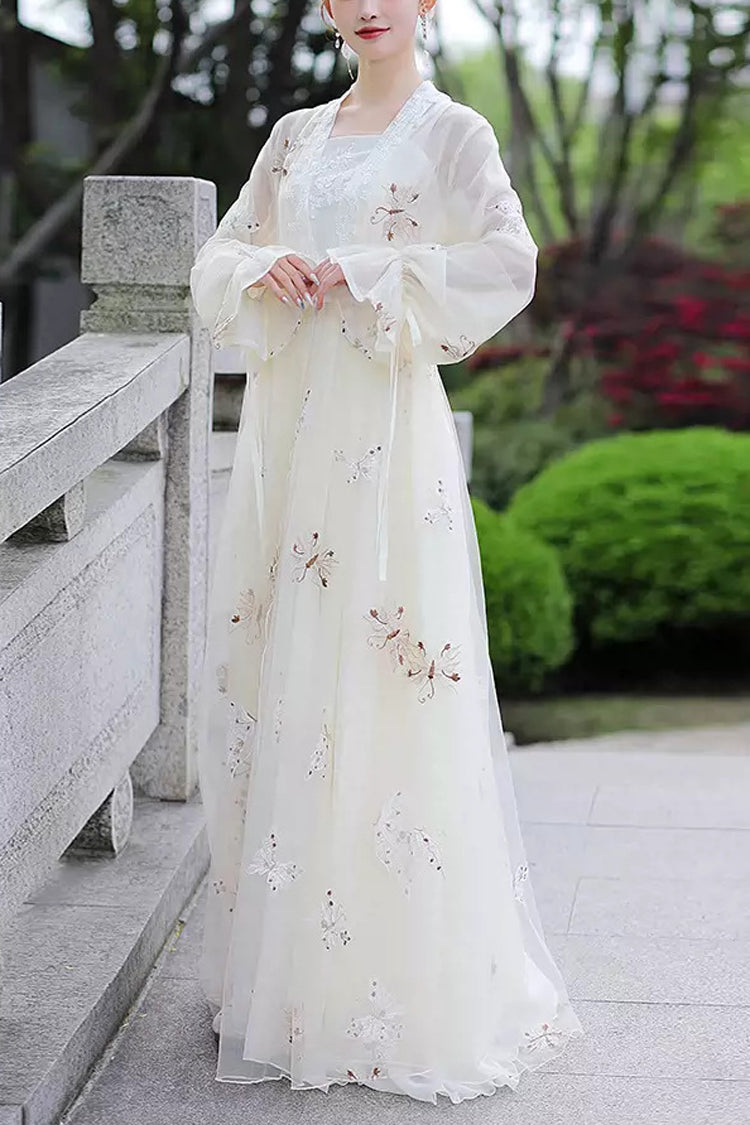 White Long Sleeves Butterfly Embroidery Women's Gorgeous Hanfu Dress