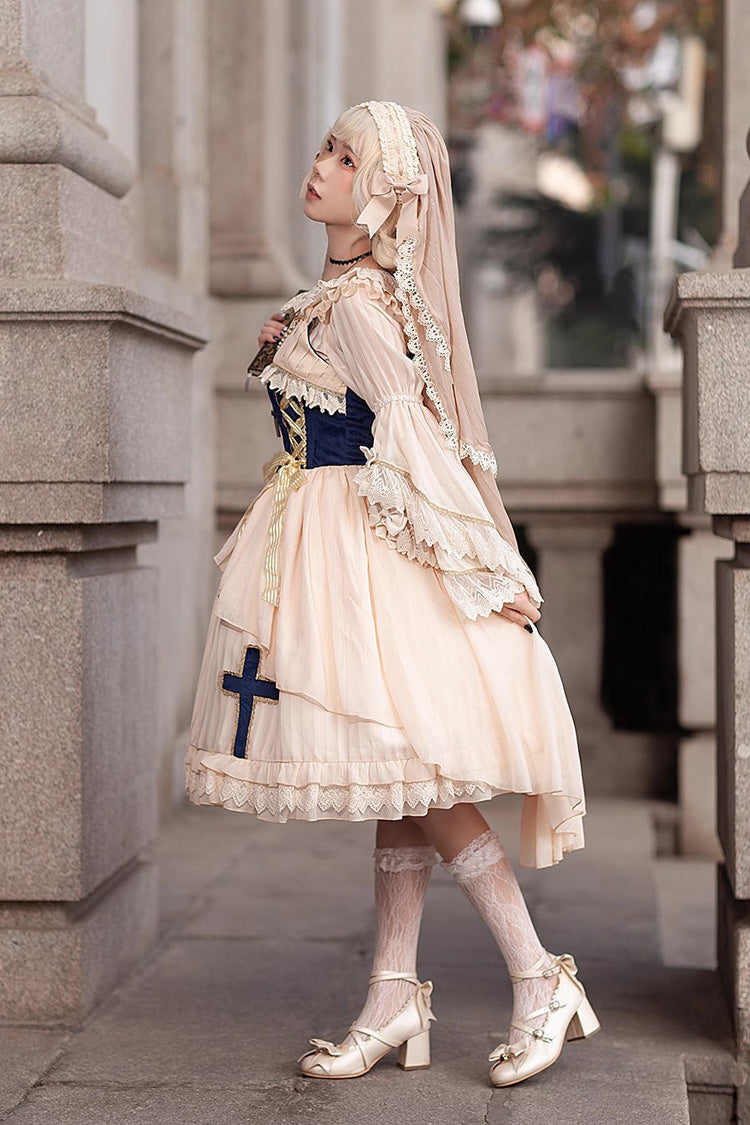 Apricot Eternal Life Song Print Cross Embroidery Sleeveless Ruffle Sweet Lolita Dress