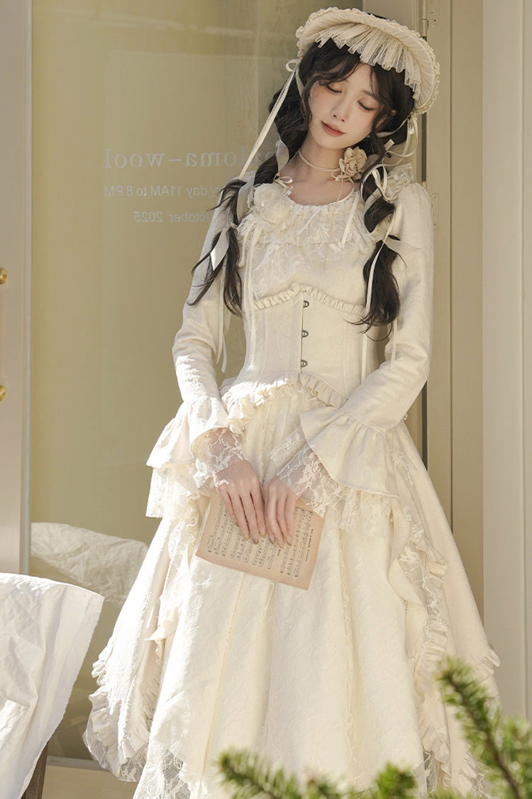 Ivory [White Tea] Long Sleeves Ruffle Bowknot Lace Irregular Classic Princess Lolita Dress