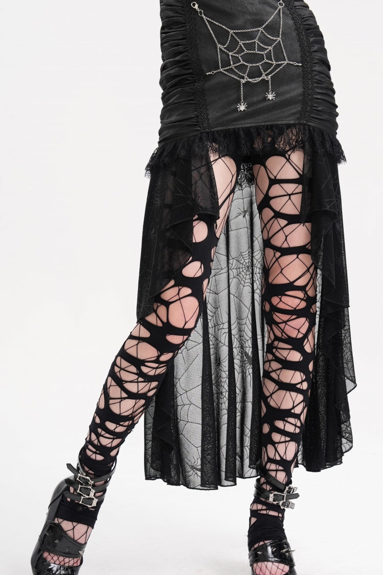 Black Chain Lace Irregular Hem Mesh Women's Gothic Skirt