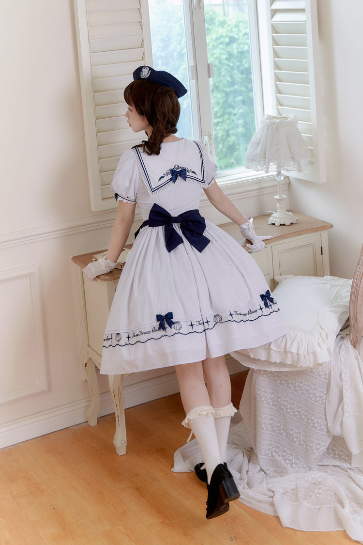 White Navy Stripe Print Short Sleeves Ruffle Embroidery Sweet Lolita Dress