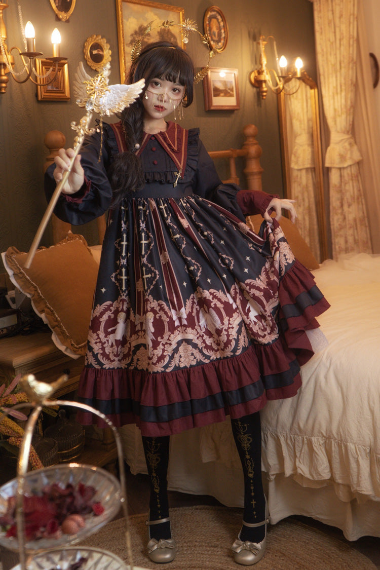 [Angel's Redemption] Long Sleeves Angel Print Ruffle Bowknot Sweet Lolita Dress 3 Colors