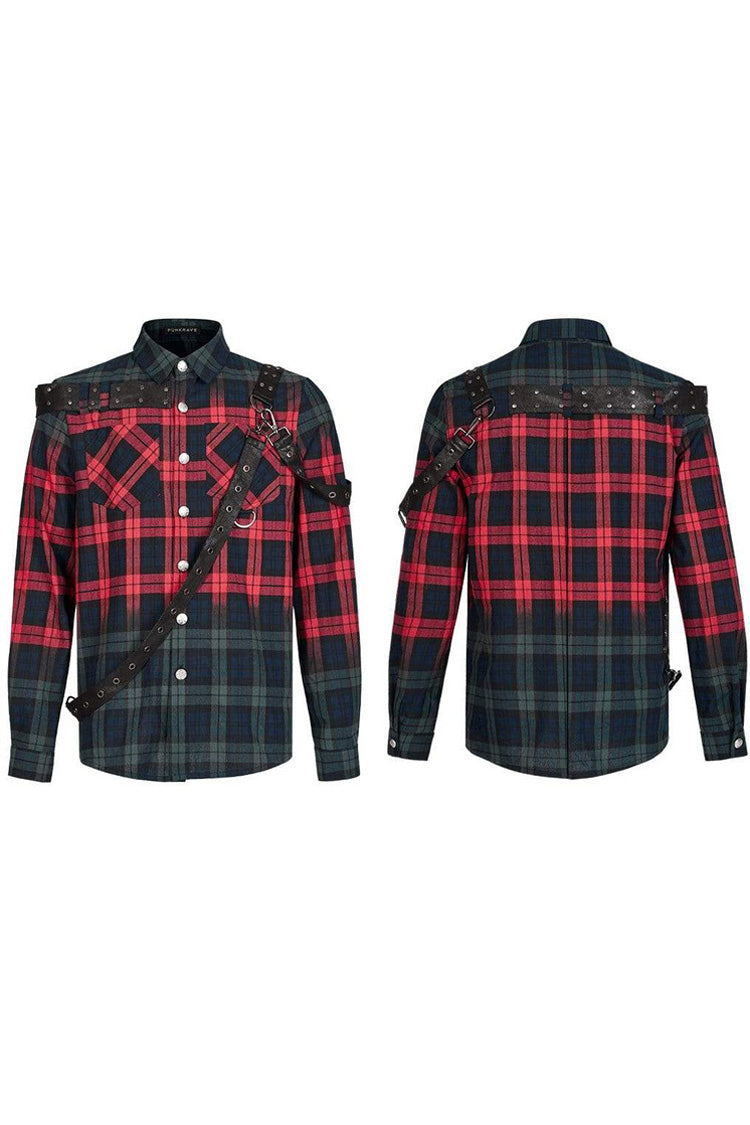 Red/Green Punk Plaid Simple Leather Loops Cotton asticity Men's Shirt