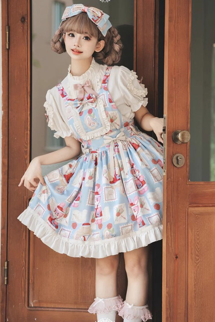 Light Blue [Letter from Showa] Rabbit and letter Print Ruffle Bowknot Sweet Princess Lolita Strap Dress