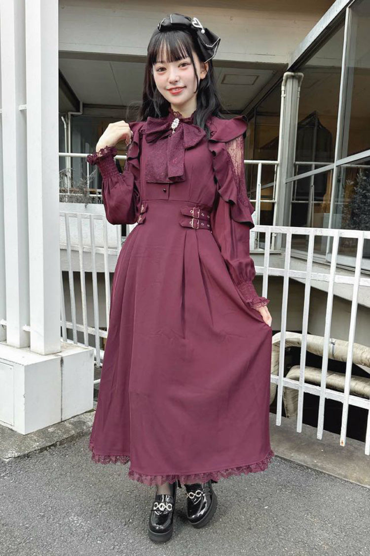 Rose Red Stand Collar Off Shoulder Long Sleeves Hollow Bowknot Slim Jirai Kei Japanese Dress