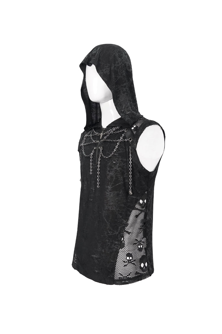 Black Skull Hollowed Out Print Stitched Sleeveless Chain Hoodie Men's Punk Shirt