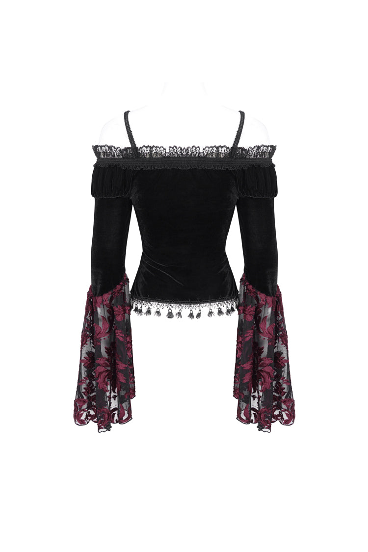 Black/Red Off Shoulder Trumpet Sleeves Embroidery Lace Women's Gothic Blouse