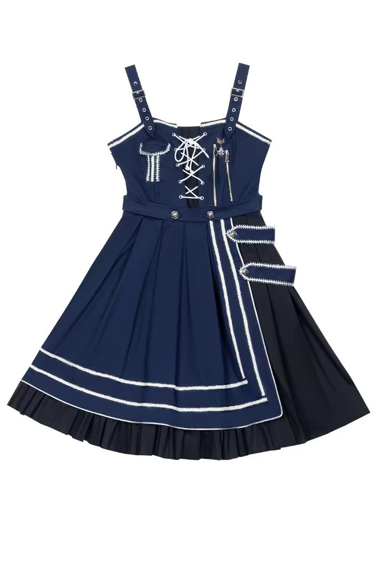 Blue Ruffle Lace-Up Gothic Military Handsome Lolita Dress