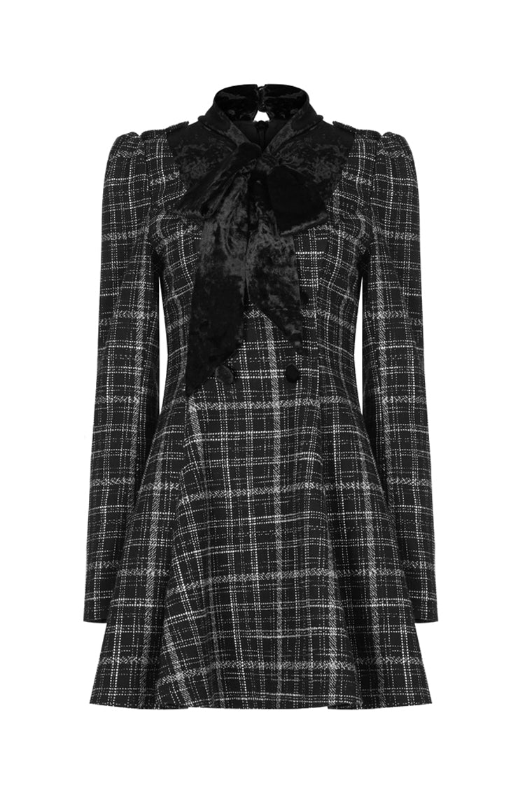 Black/White Small V-neck Tie Design Checked Woolen Cloth And Velvet Stitching Bow Collect Waist Women's Punk Dress