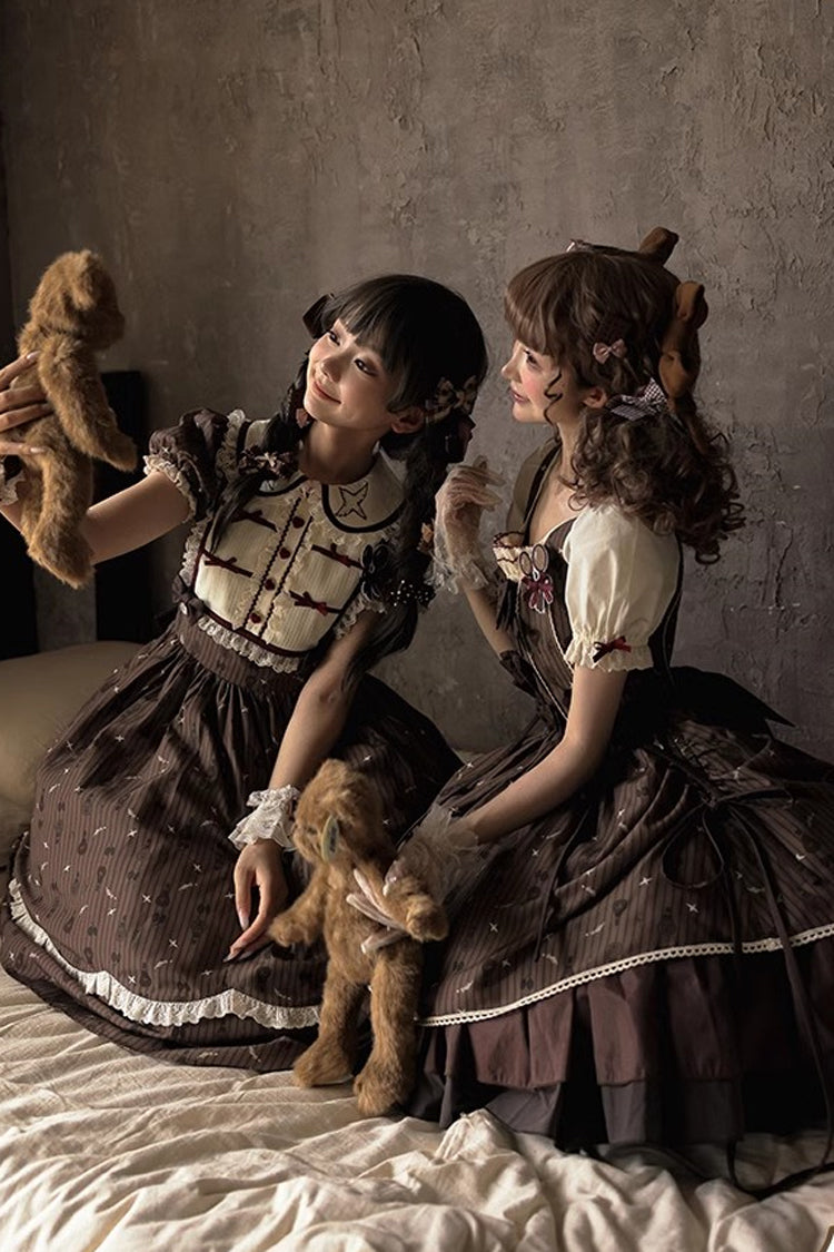 Braunes Moro Coco [Heißluftballon] Druck Rüschen Schleife Süßes Elegantes Prinzessin Lolita Kleid Lange Version