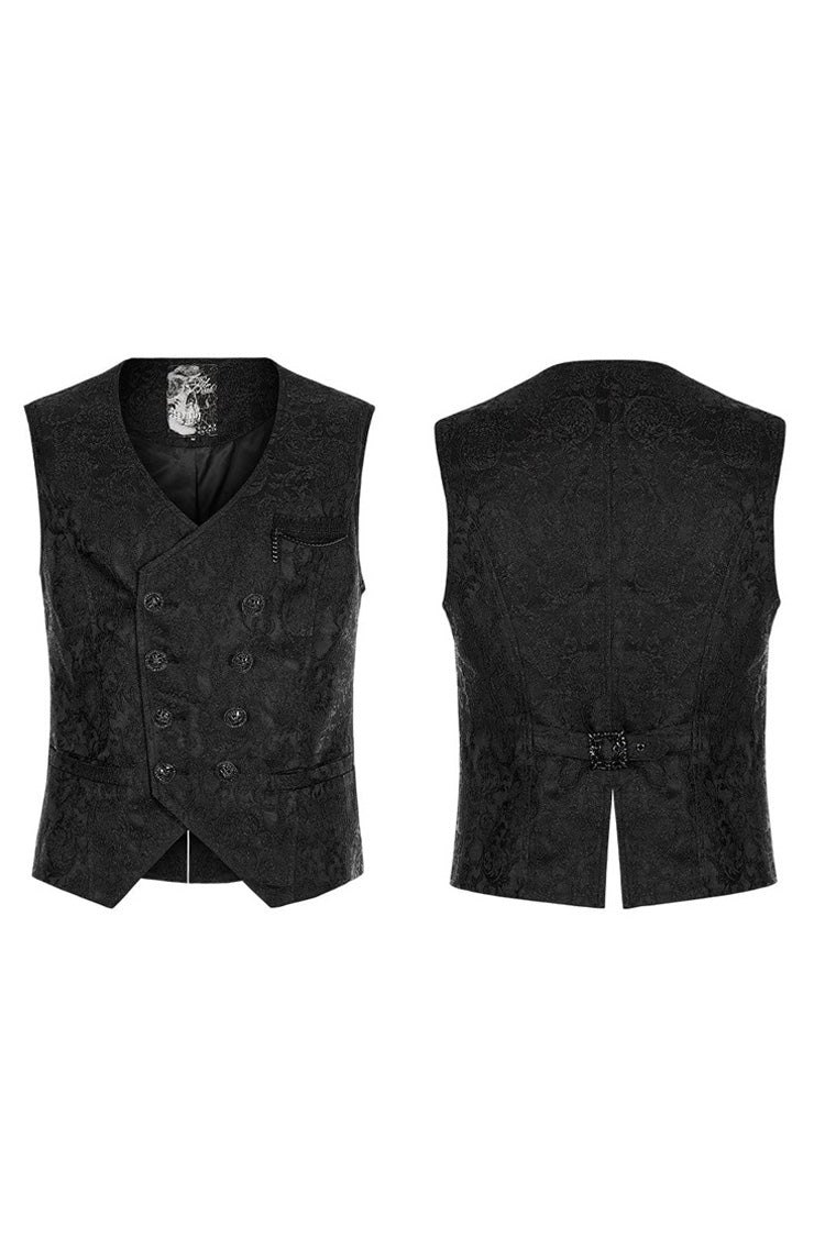 Black Punk Gorgeous V Neck Asymmetrical Relief Sculpture Jacquard Double Row Hand Seam Button Men's Vest