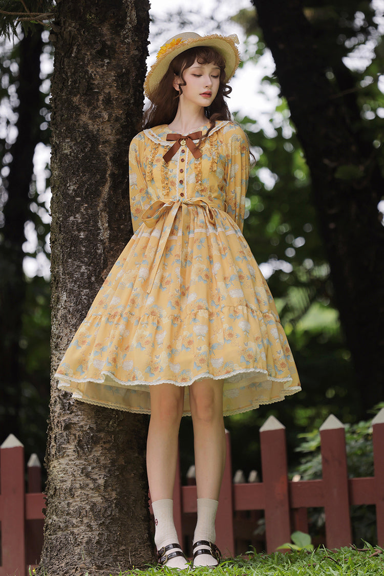 Yellow [Gardening Sunflower] Long Sleeves Print Ruffle Bowknot Sweet Elegant Lolita Dress