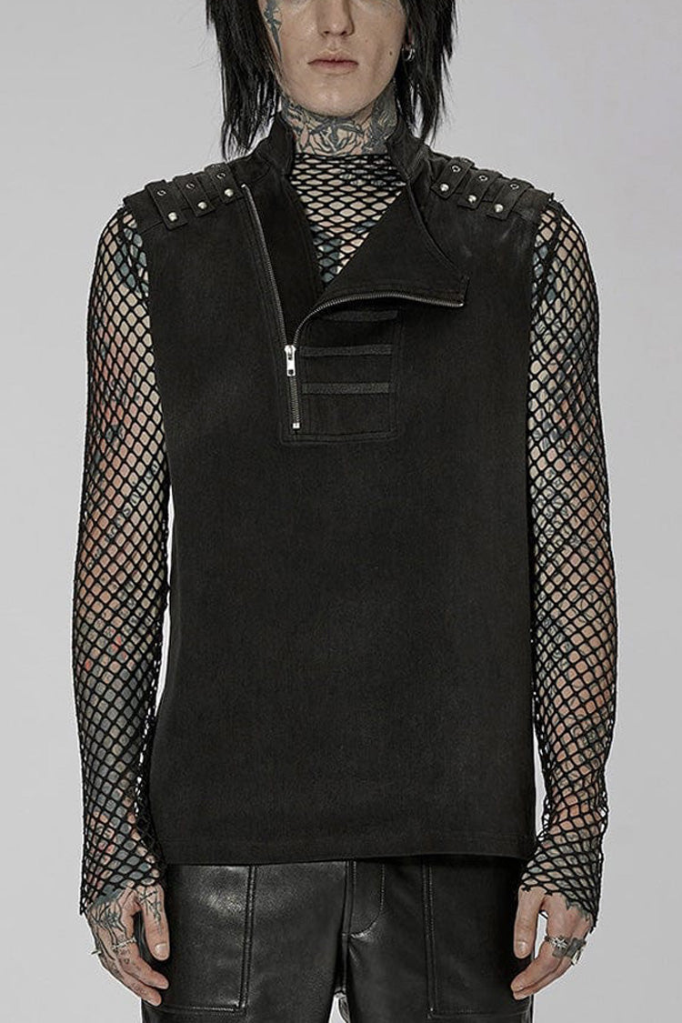 Black Punk Stand Collar Anterior Middle Asymmetry Design Zipper Shoulder Decorate Webbing Men's Vest