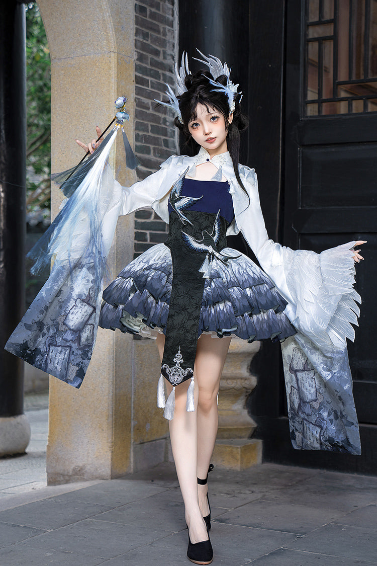 Dark Blue [Feathered Finch] Multi-Layered Print Ruffle Classic Chinese Style Lolita Jsk Dress Set