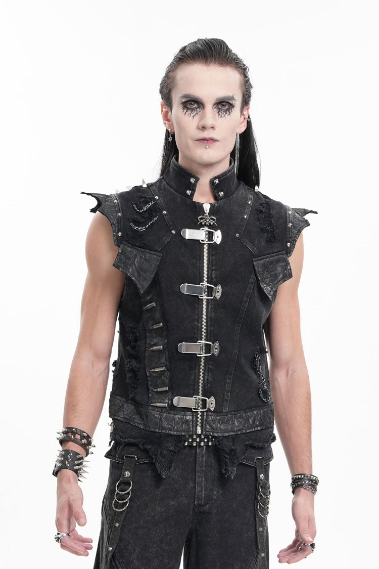 Black Stand Collar Sleeveless Rivets Chain Rings Men's Gothic Vest