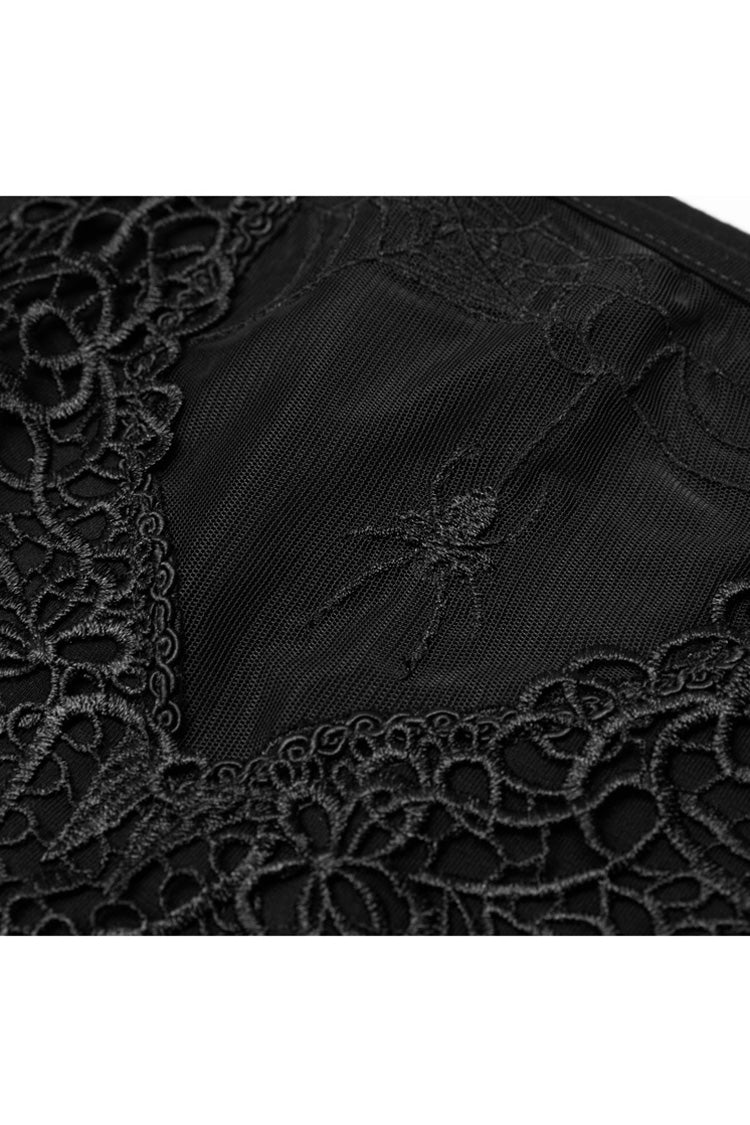 Black Short Sleeve Orizontal Neck Front Chest Lace Embroidery Frill Hem Women's Gothic T-Shirt